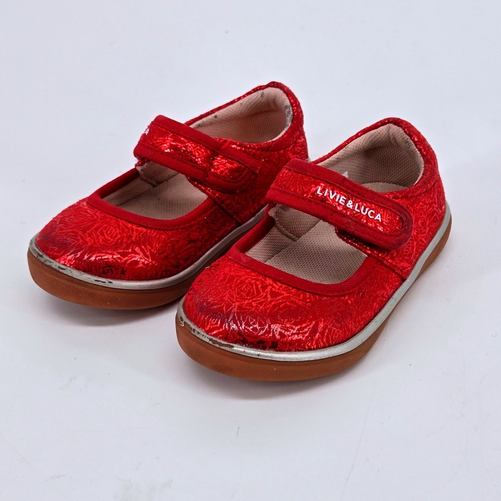 Livie Luca Toddler Girls 6 Red Metallic Foil Rose Mary Jane Shoes Festive Casual